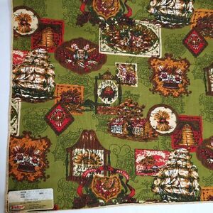 Vtg Colonial Americana Pub Signs Tall Ship Upholstery Fabric Amish Green Brown